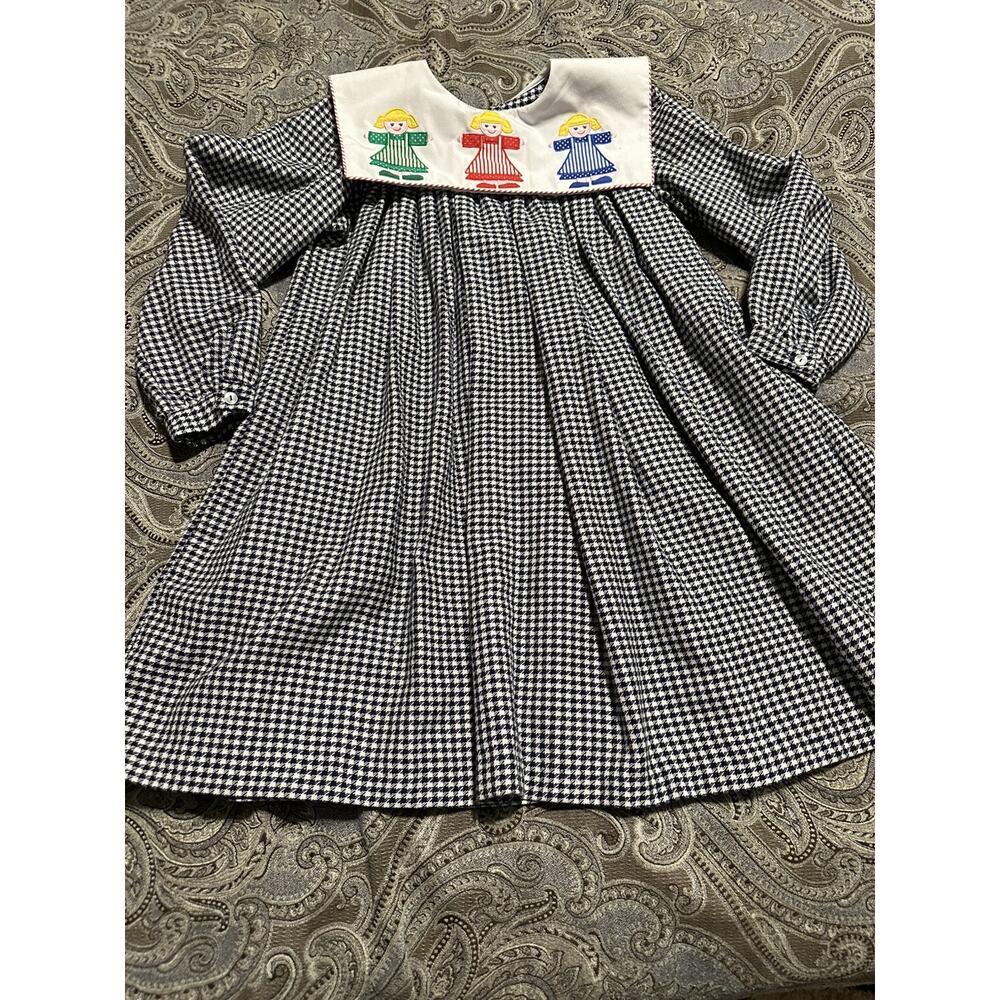 Vintage Carrousel Dress 90's Navy Blue Hounds Tooth Long Sleeved Girls Dress 6